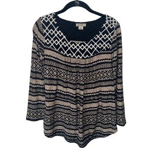 Lucky Brand 3/4 Sleeve Embroidered Striped Flowy Boho Top Size Medium Black Tan